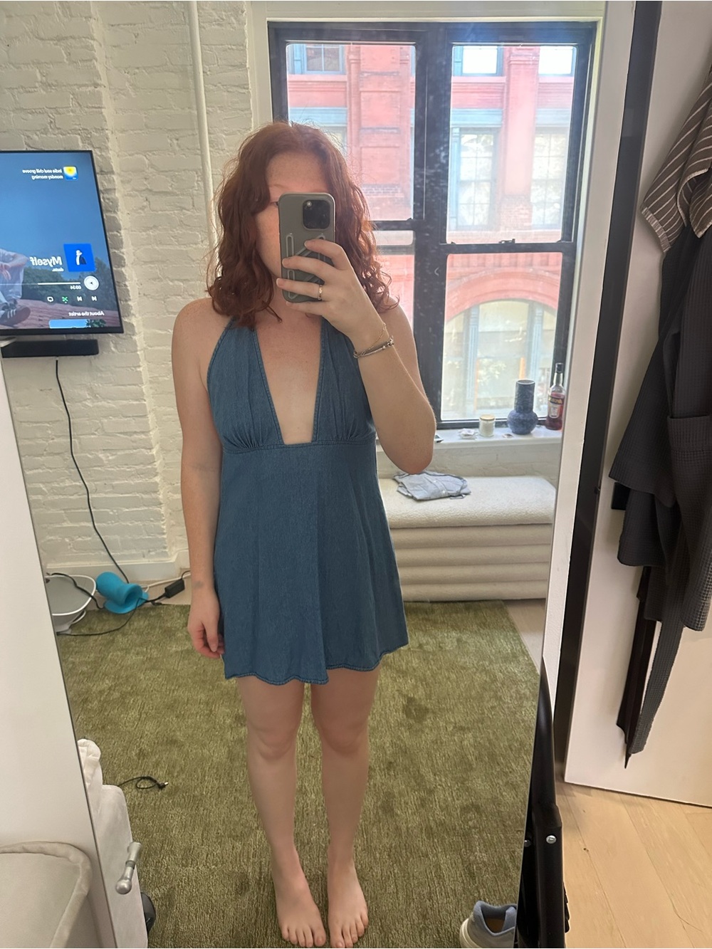 Motel Rocks Backless Halter Mini Dress in Denim Blue